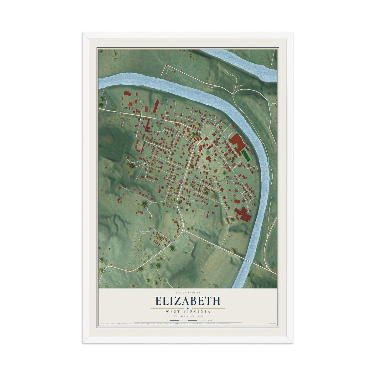 Map of Elizabeth, West Virginia, 12 x 18 inch print in a white wood frame
