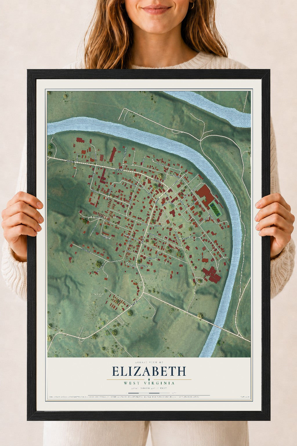 Map of Elizabeth, West Virginia, 18 x 24 inch print in a black wood frame