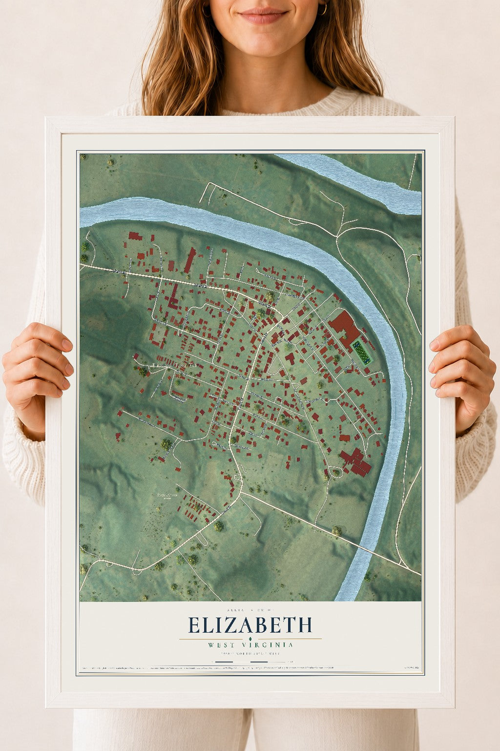 Map of Elizabeth, West Virginia, 18 x 24 inch print in a white wood frame