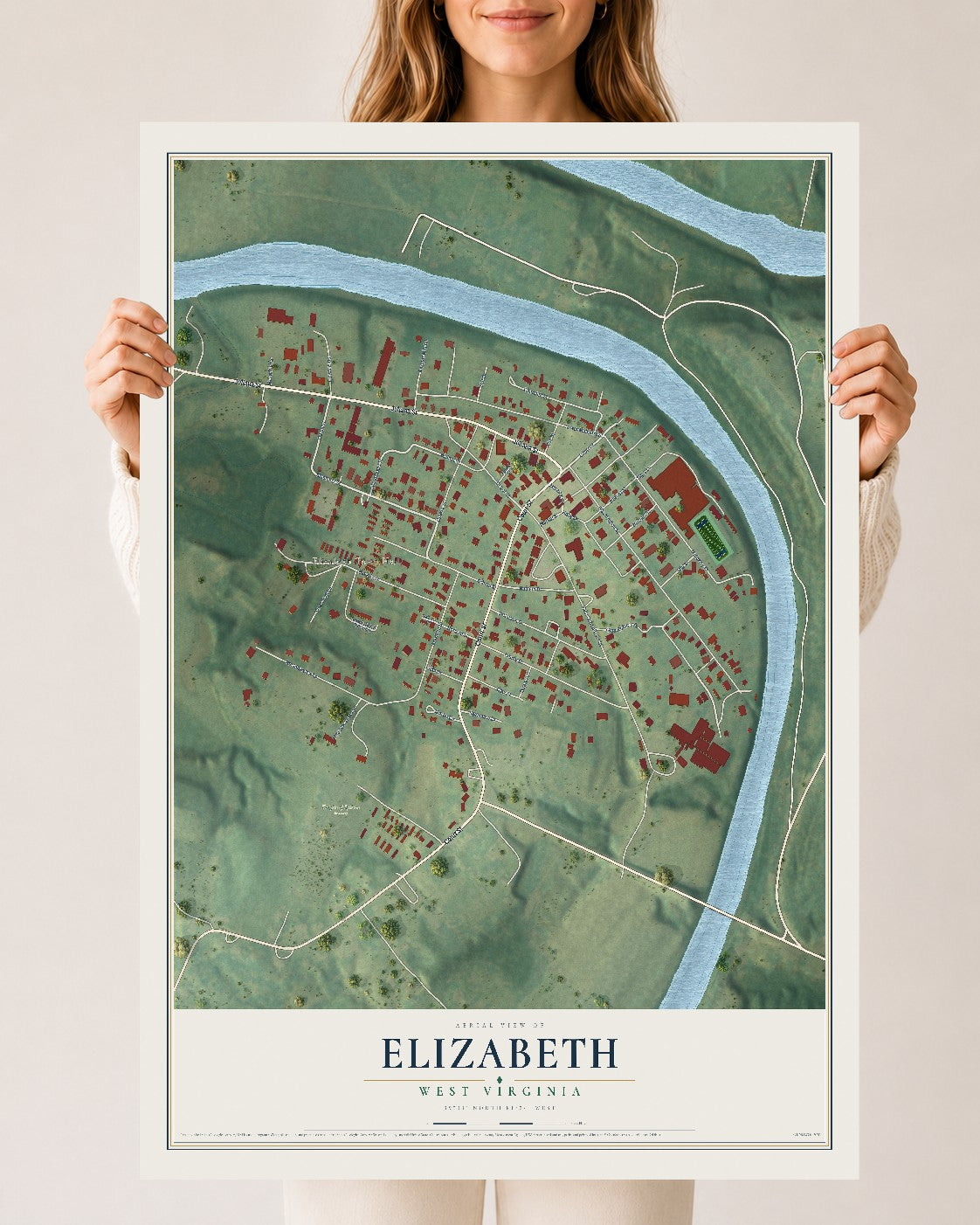 Map of Elizabeth, West Virginia, 24 x 36 inch unframed archival matte print