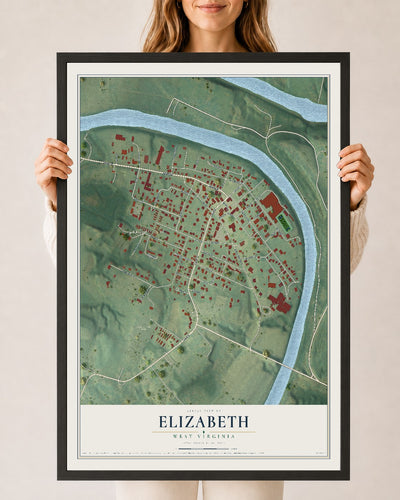 Map of Elizabeth, West Virginia, 24 x 36 inch print in a black wood frame