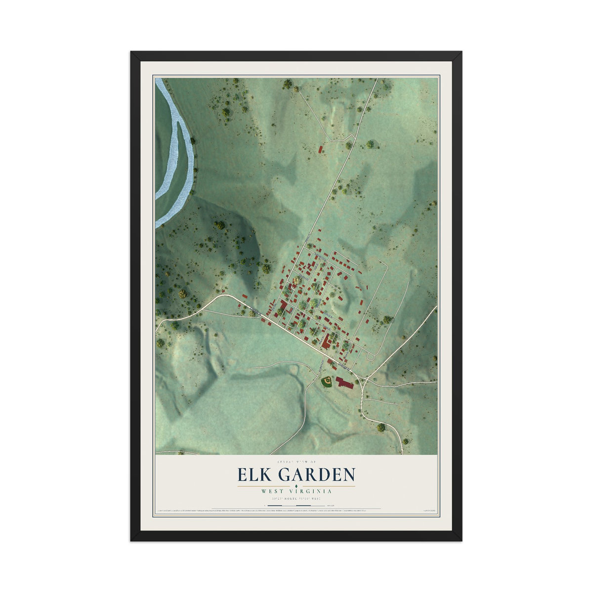Map of Elk Garden, West Virginia, 12 x 18 inch print in a black wood frame
