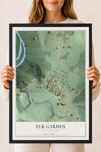 Map of Elk Garden, West Virginia, 18 x 24 inch print in a black wood frame