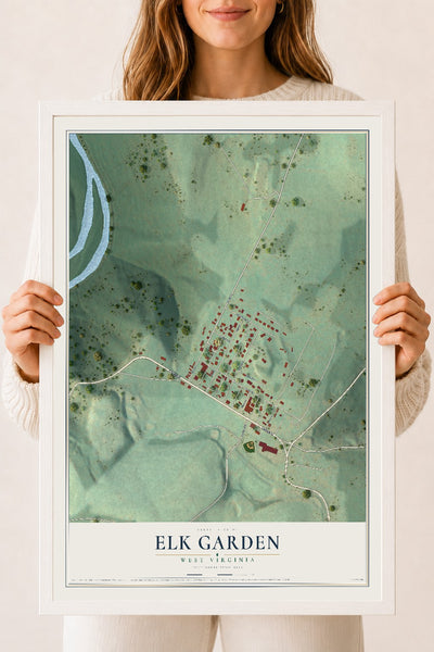 Map of Elk Garden, West Virginia, 18 x 24 inch print in a white wood frame