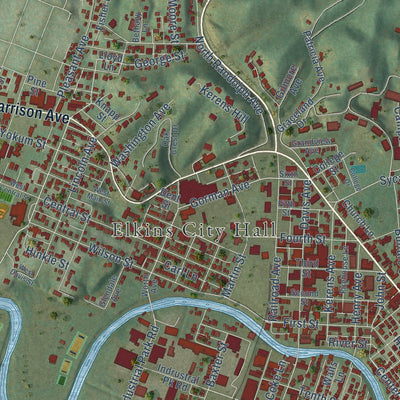 Close-up of the map of Elkins, West Virginia print showing street and building detail