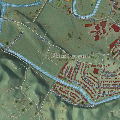 Second close-up of the map of Elkins, West Virginia print showing more streets and buildings