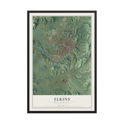 Map of Elkins, West Virginia, 12 x 18 inch print in a black wood frame