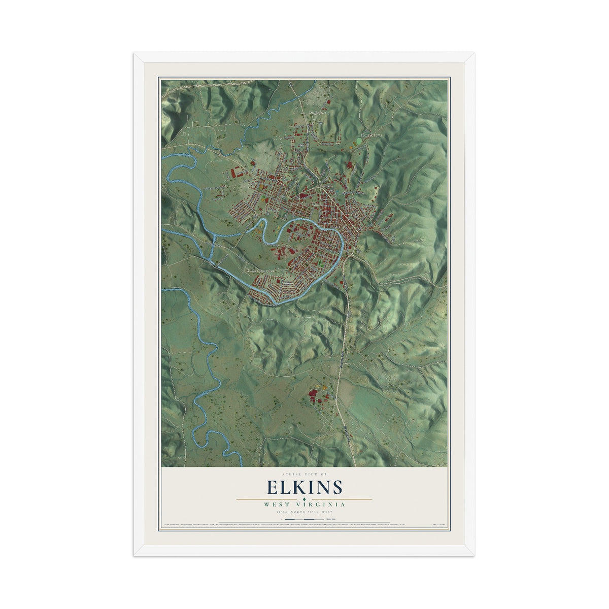 Map of Elkins, West Virginia, 12 x 18 inch print in a white wood frame