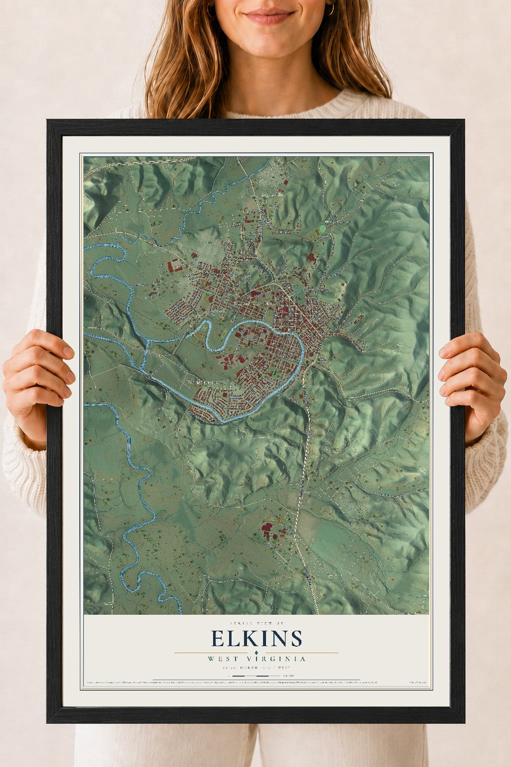 Map of Elkins, West Virginia, 18 x 24 inch print in a black wood frame