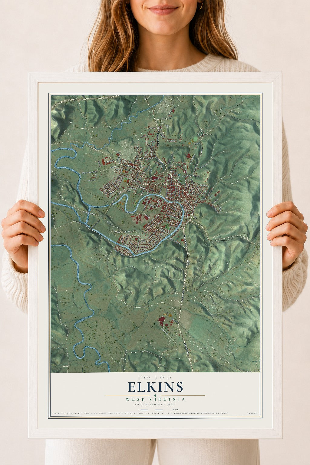 Map of Elkins, West Virginia, 18 x 24 inch print in a white wood frame