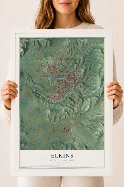 Map of Elkins, West Virginia, 18 x 24 inch print in a white wood frame