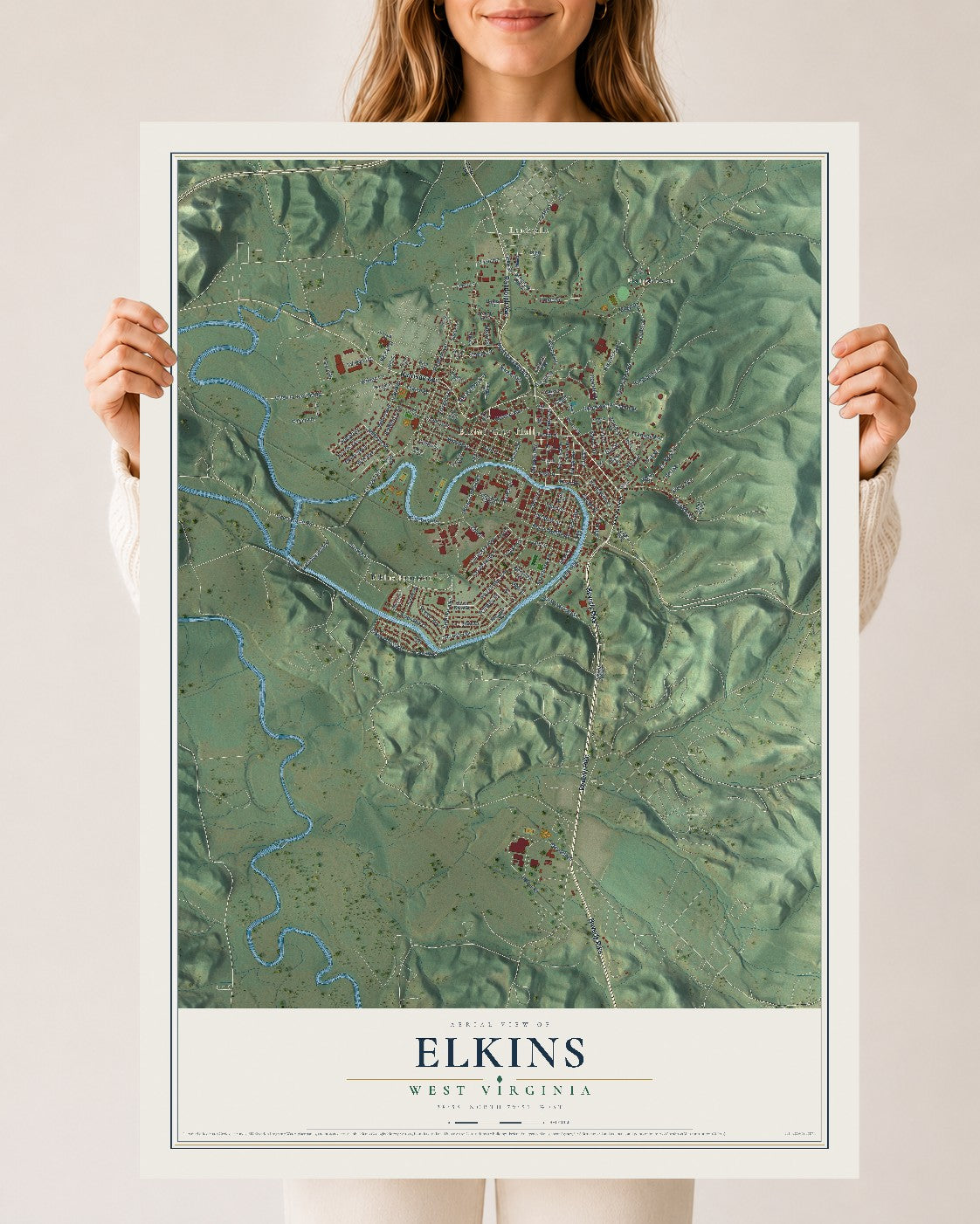Map of Elkins, West Virginia, 24 x 36 inch unframed archival matte print