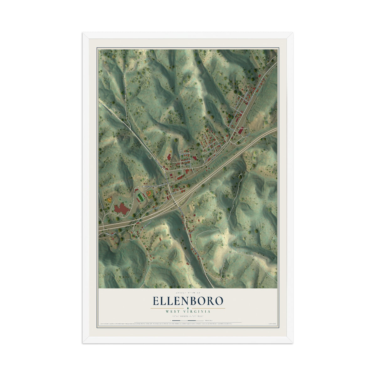 Map of Ellenboro, West Virginia, 12 x 18 inch print in a white wood frame