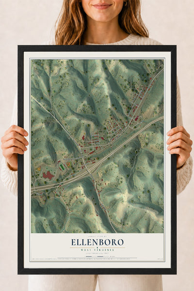 Map of Ellenboro, West Virginia, 18 x 24 inch print in a black wood frame