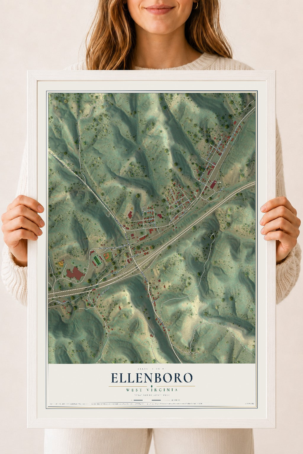Map of Ellenboro, West Virginia, 18 x 24 inch print in a white wood frame
