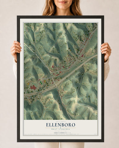 Map of Ellenboro, West Virginia, 24 x 36 inch print in a black wood frame