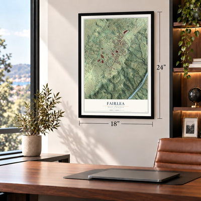 Fairlea, West Virginia map, 18 x 24 inch print in a black frame in a home office