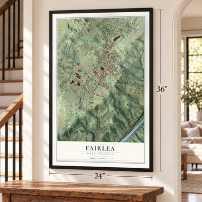 Fairlea, West Virginia map, 24 x 36 inch print in a black frame by a staircase