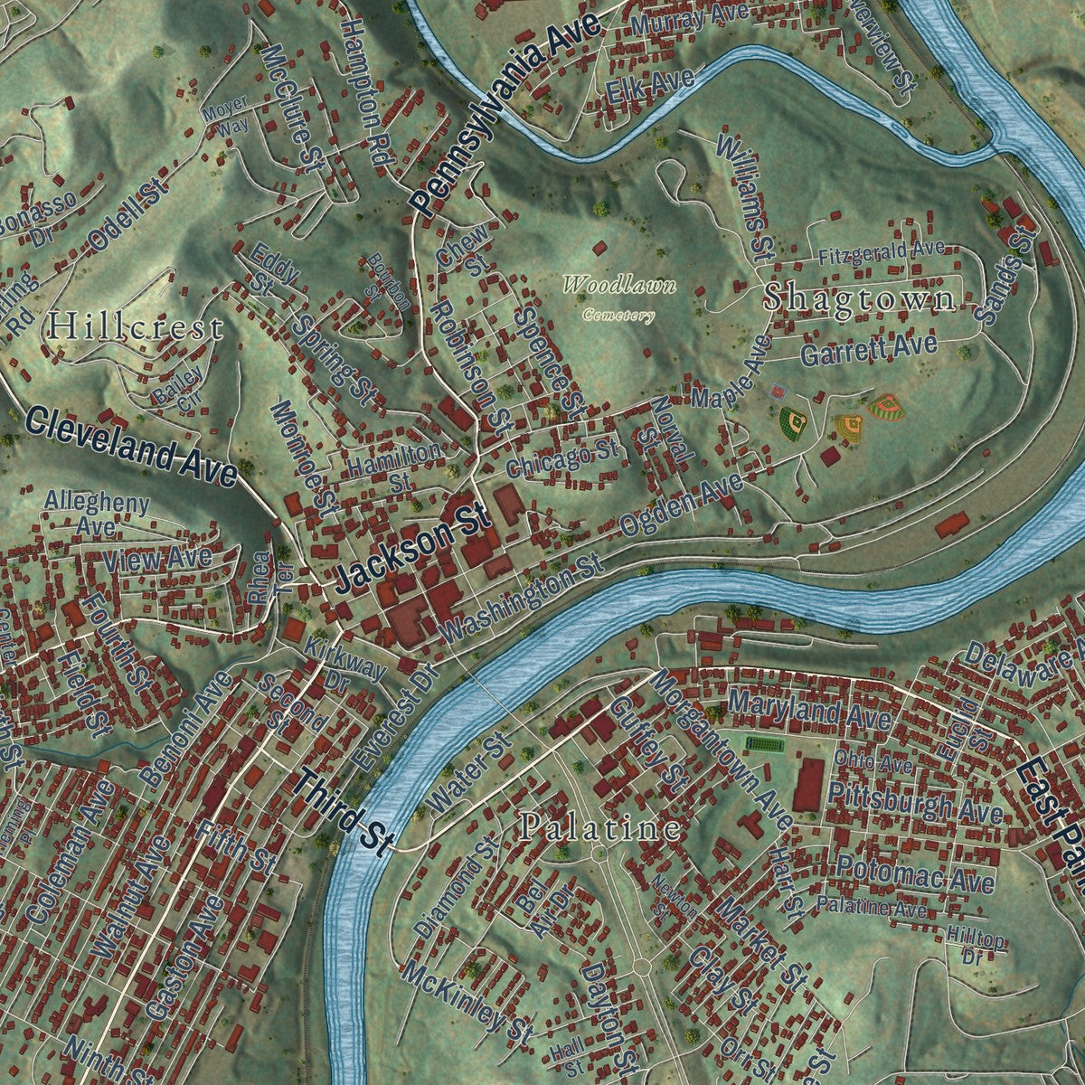 Close-up of the map of Fairmont, West Virginia print showing street and building detail