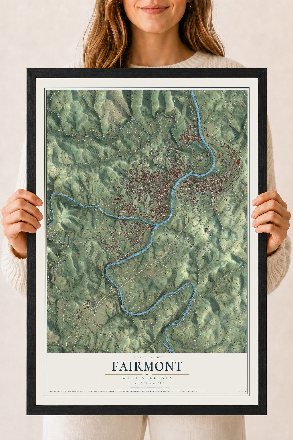 Map of Fairmont, West Virginia, 18 x 24 inch print in a black wood frame