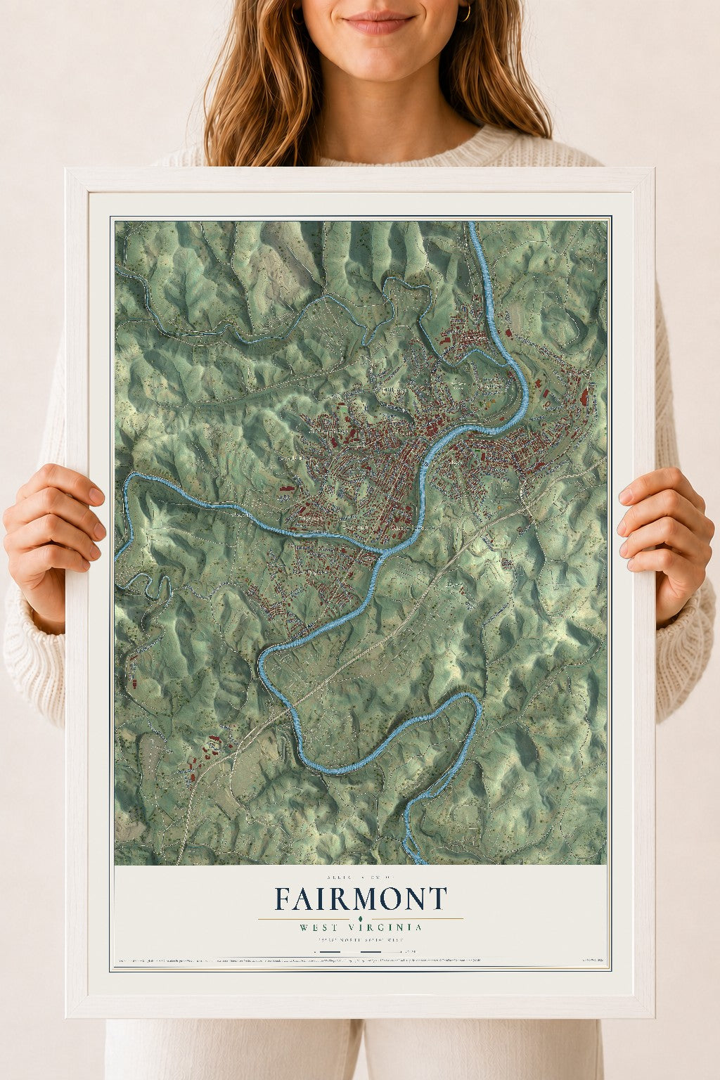 Map of Fairmont, West Virginia, 18 x 24 inch print in a white wood frame