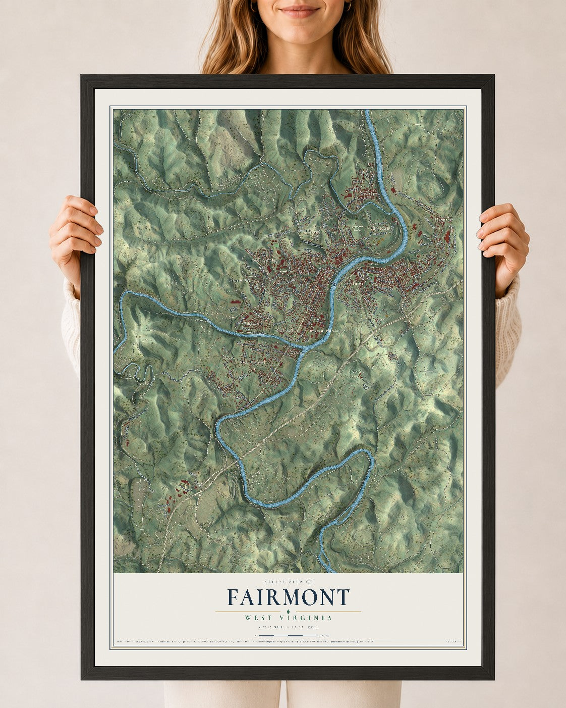 Map of Fairmont, West Virginia, 24 x 36 inch print in a black wood frame