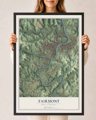 Map of Fairmont, West Virginia, 24 x 36 inch print in a black wood frame