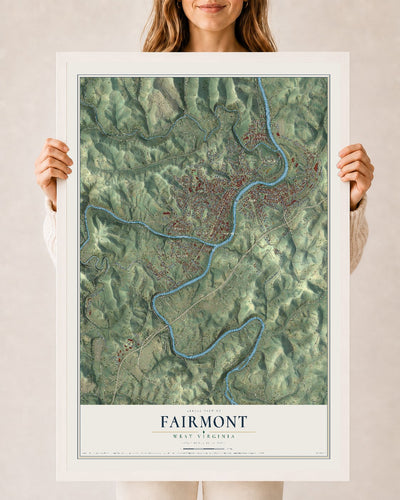 Map of Fairmont, West Virginia, 24 x 36 inch print in a white wood frame