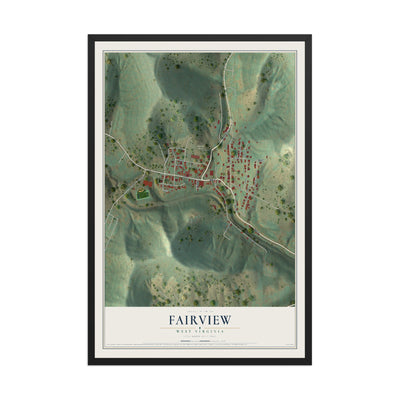 Map of Fairview, West Virginia, 12 x 18 inch print in a black wood frame