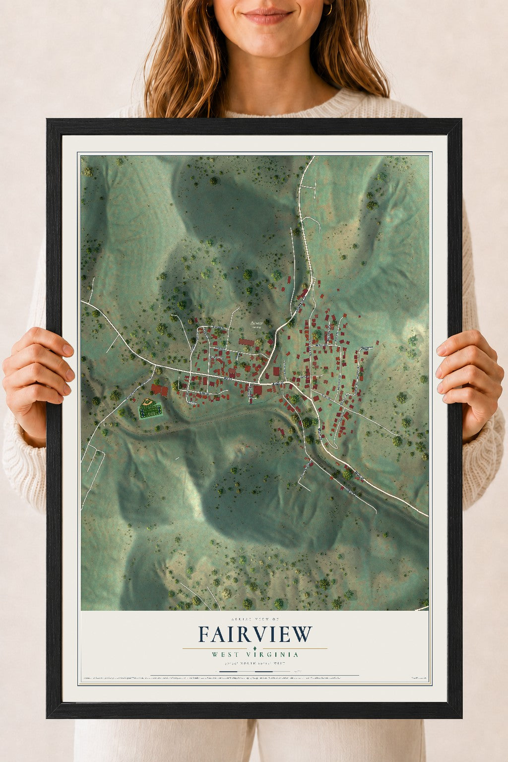 Map of Fairview, West Virginia, 18 x 24 inch print in a black wood frame