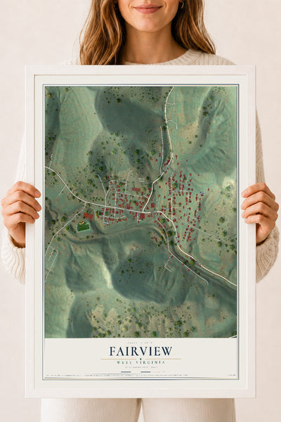 Map of Fairview, West Virginia, 18 x 24 inch print in a white wood frame