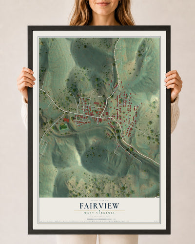 Map of Fairview, West Virginia, 24 x 36 inch print in a black wood frame