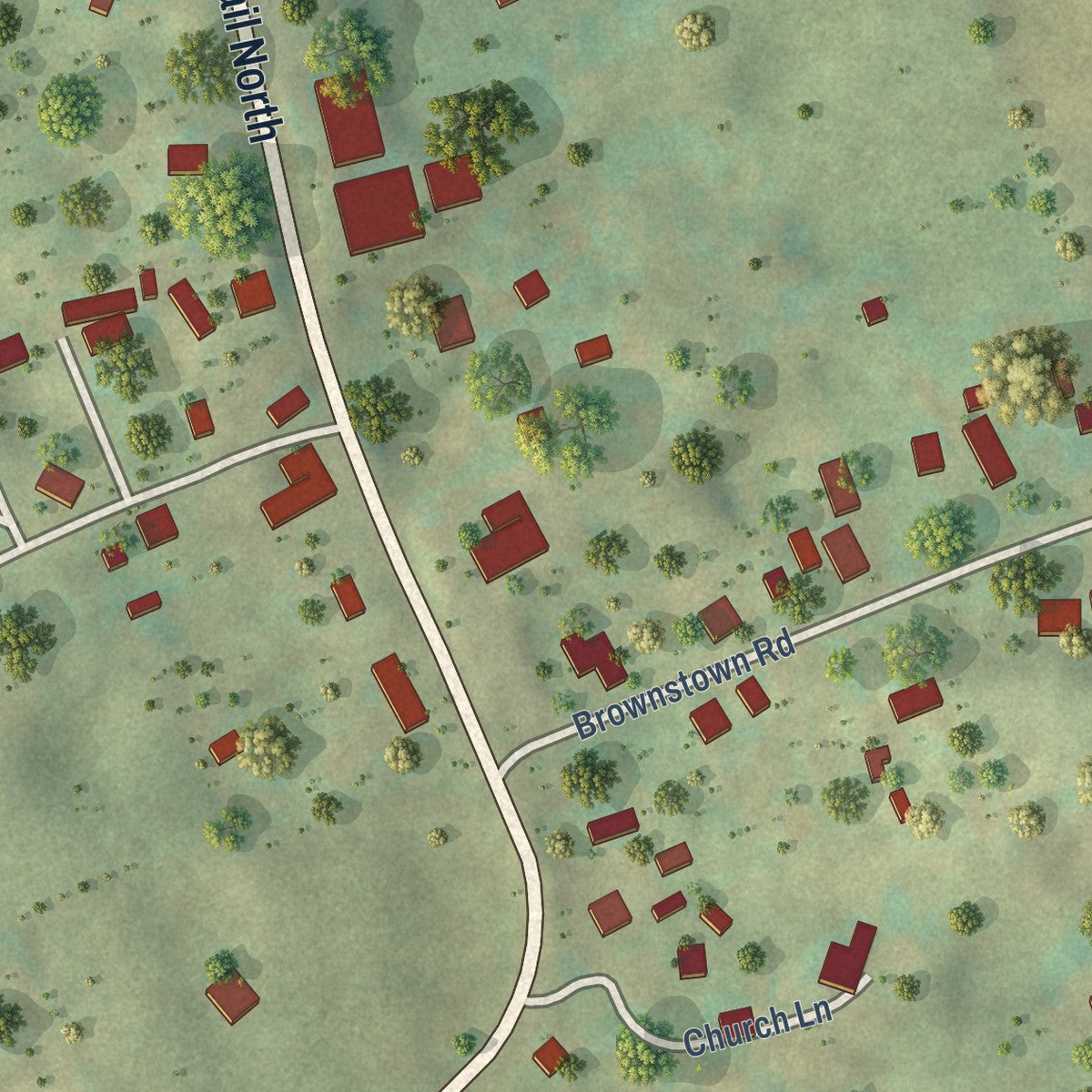 Close-up of the map of Falling Spring, West Virginia print showing street and building detail