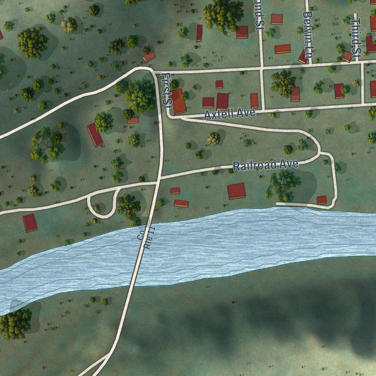 Second close-up of the map of Falling Spring, West Virginia print showing more streets and buildings