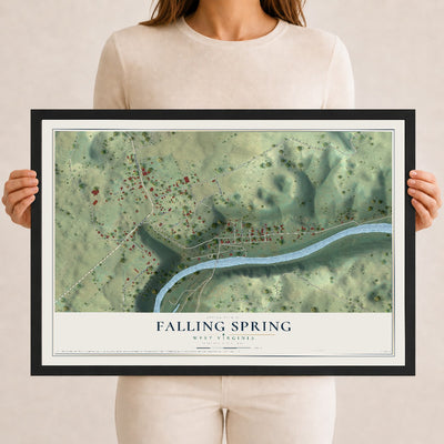 Map of Falling Spring, West Virginia, 12 x 18 inch print in a black wood frame