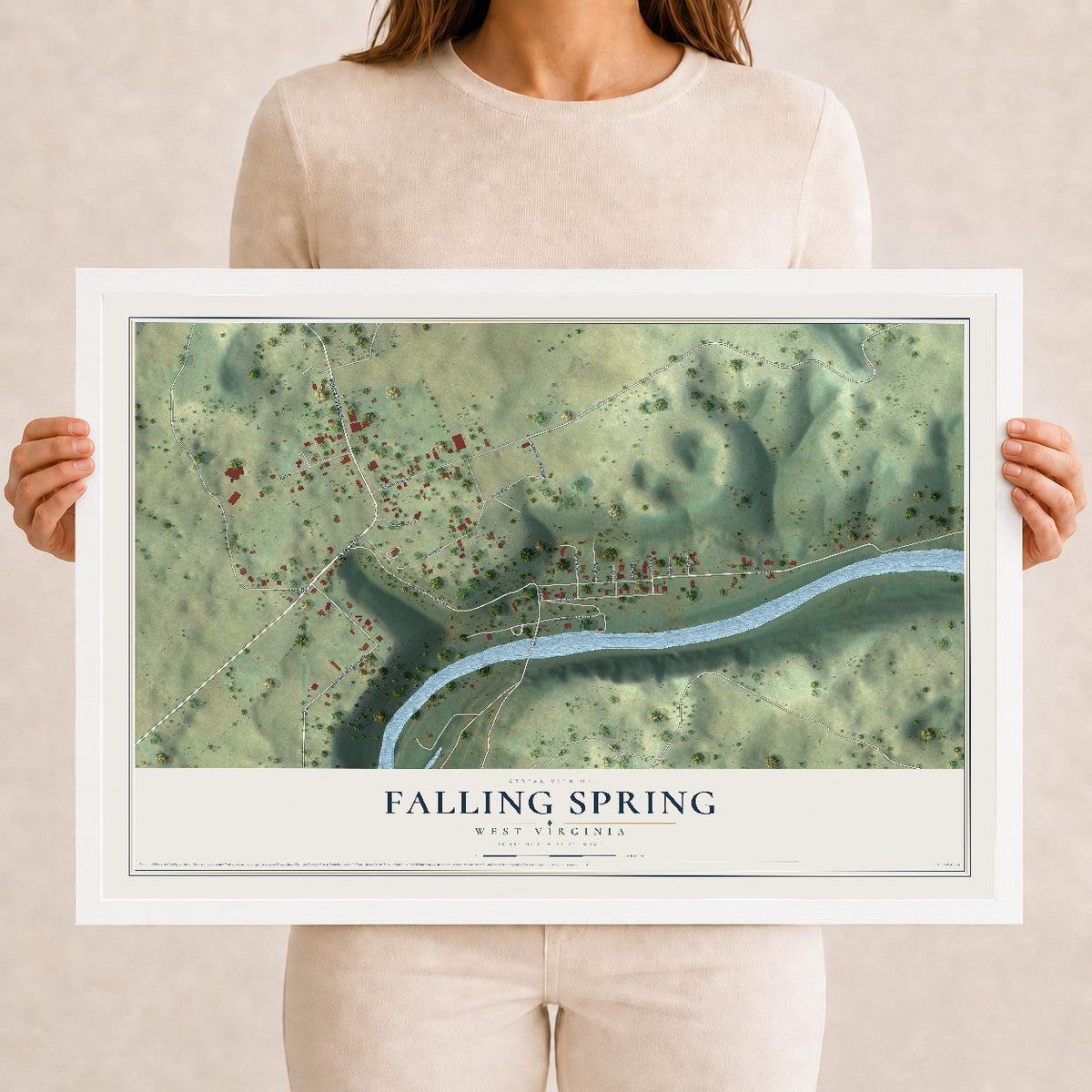 Map of Falling Spring, West Virginia, 12 x 18 inch print in a white wood frame