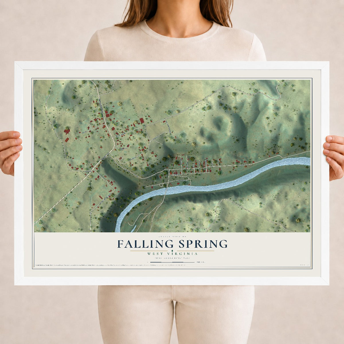 Map of Falling Spring, West Virginia, 18 x 24 inch print in a white wood frame