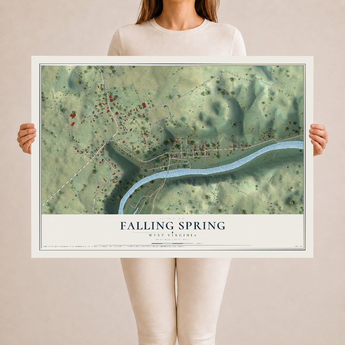 Map of Falling Spring, West Virginia, 24 x 36 inch unframed archival matte print
