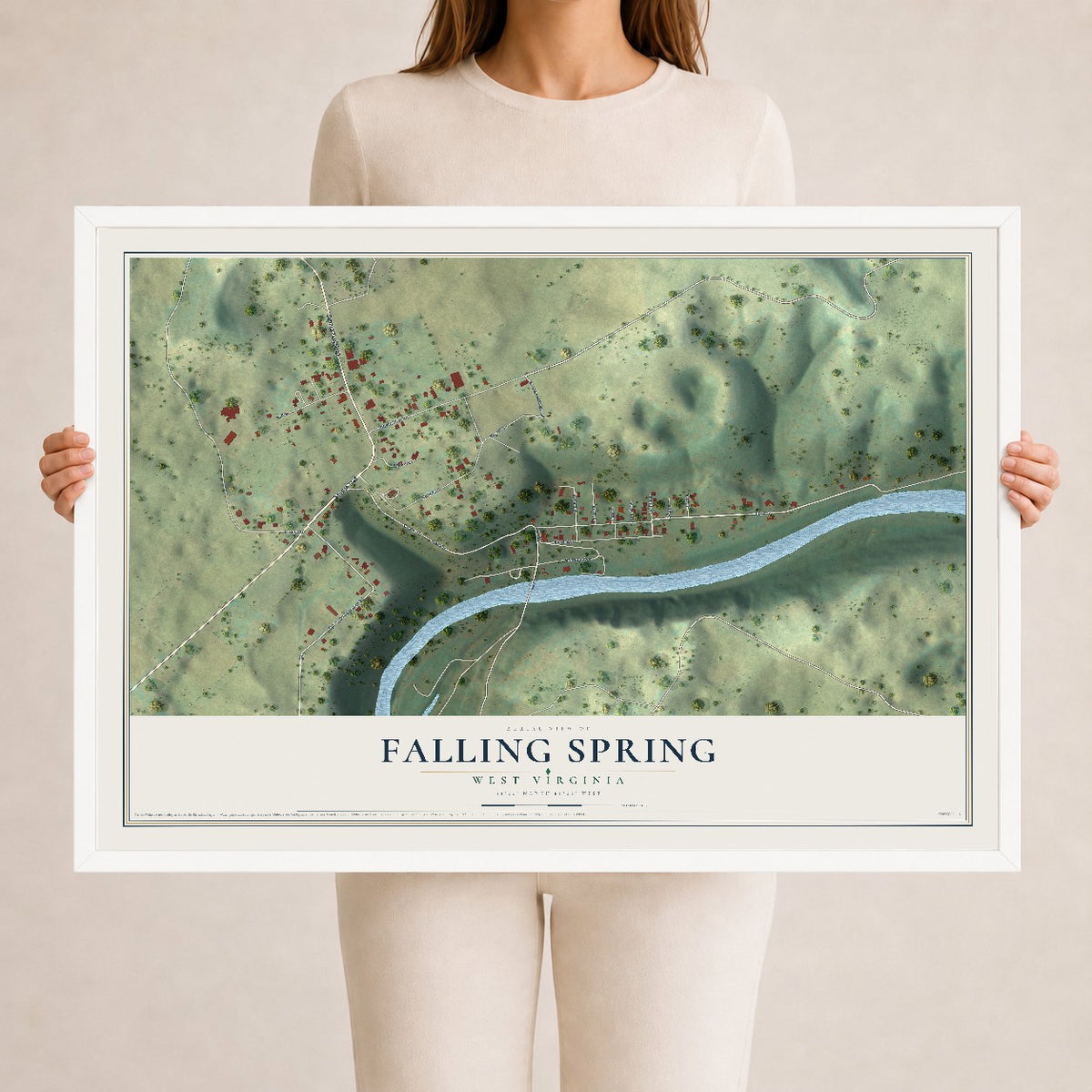 Map of Falling Spring, West Virginia, 24 x 36 inch print in a white wood frame