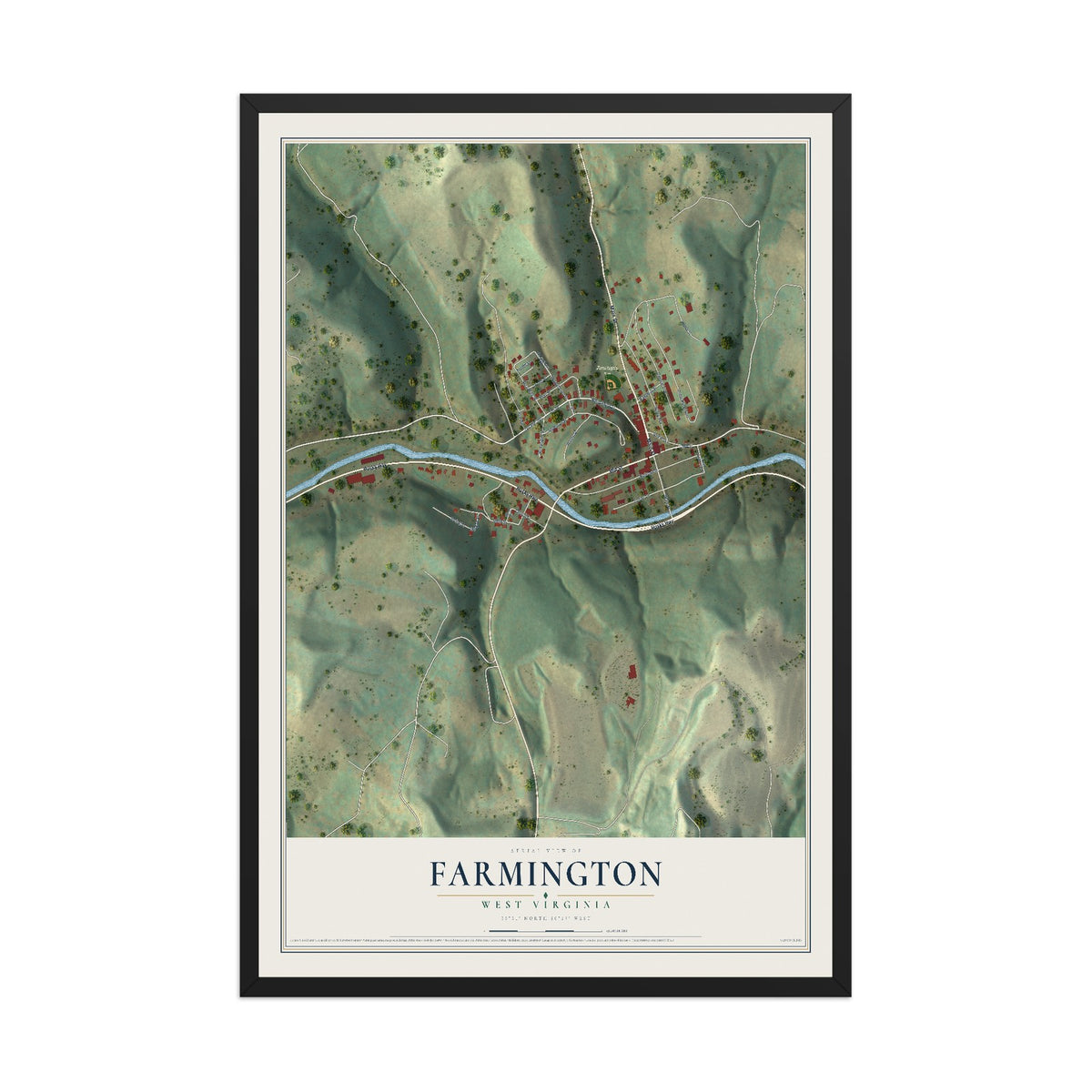 Map of Farmington, West Virginia, 12 x 18 inch print in a black wood frame
