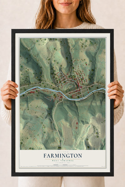 Map of Farmington, West Virginia, 18 x 24 inch print in a black wood frame