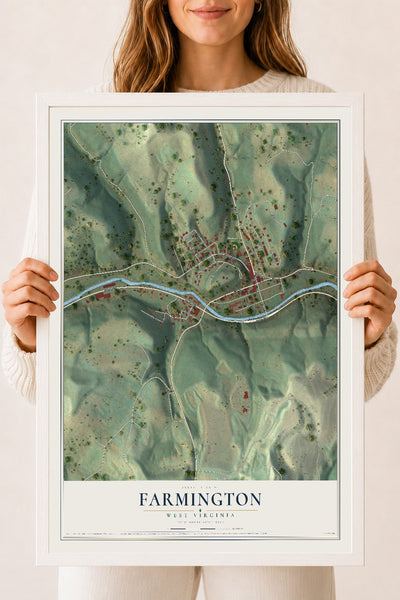 Map of Farmington, West Virginia, 18 x 24 inch print in a white wood frame