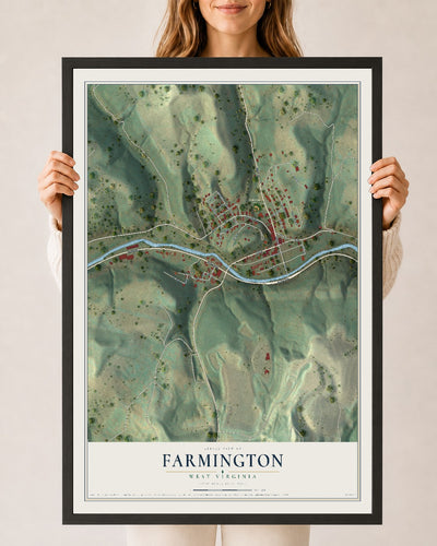 Map of Farmington, West Virginia, 24 x 36 inch print in a black wood frame