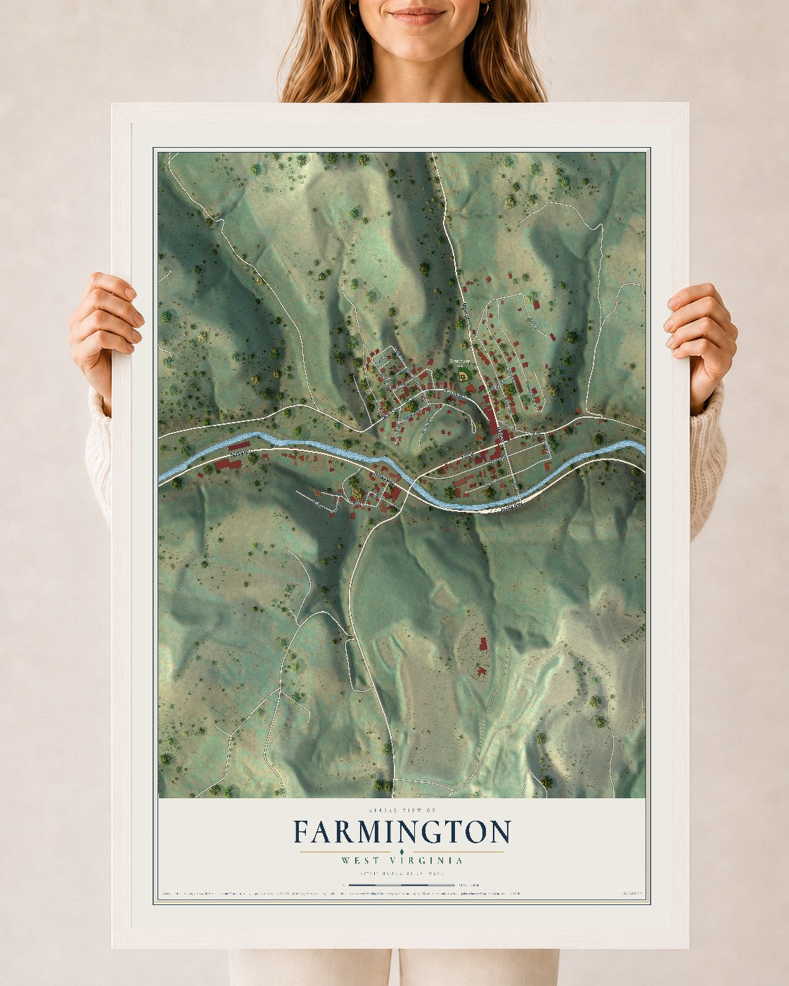 Map of Farmington, West Virginia, 24 x 36 inch print in a white wood frame