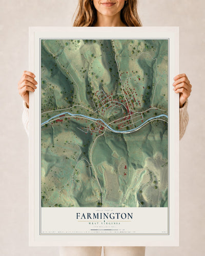 Map of Farmington, West Virginia, 24 x 36 inch print in a white wood frame