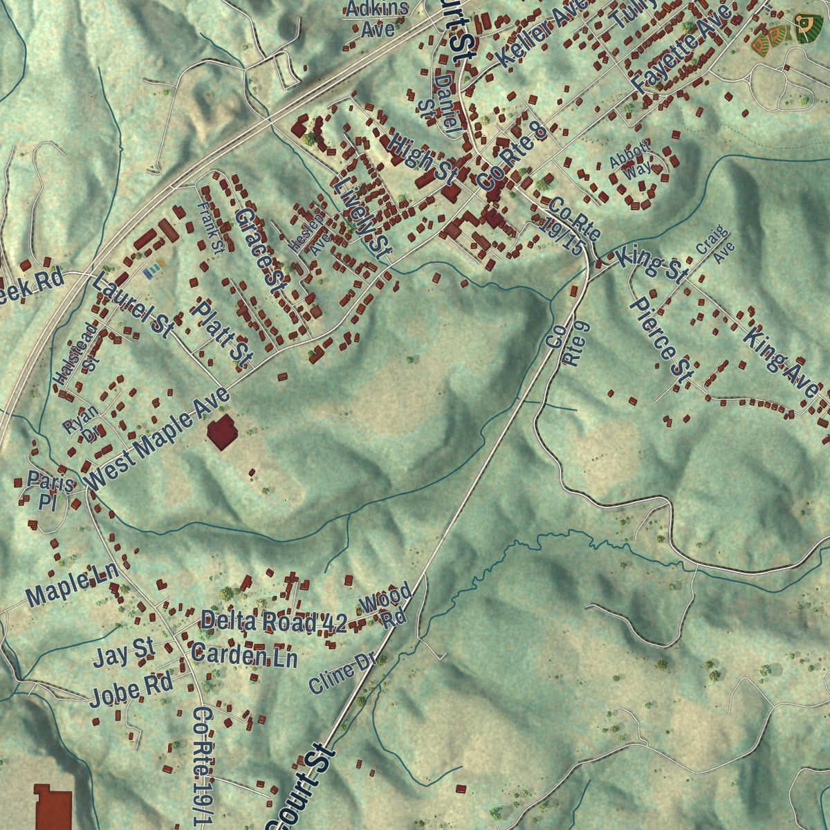 Close-up of the map of Fayetteville, West Virginia print showing street and building detail