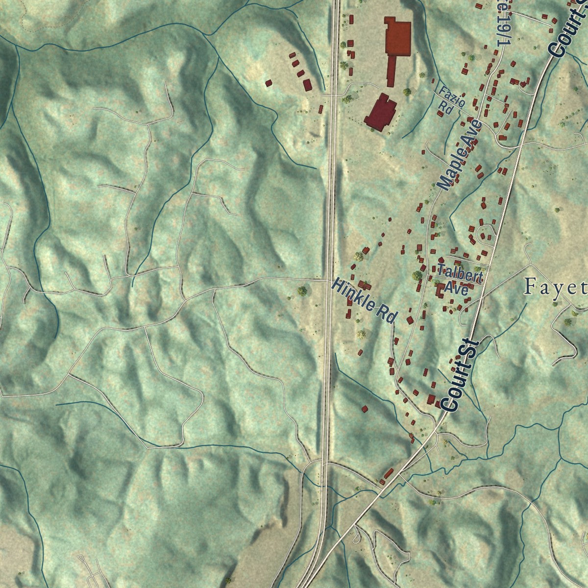 Second close-up of the map of Fayetteville, West Virginia print showing more streets and buildings