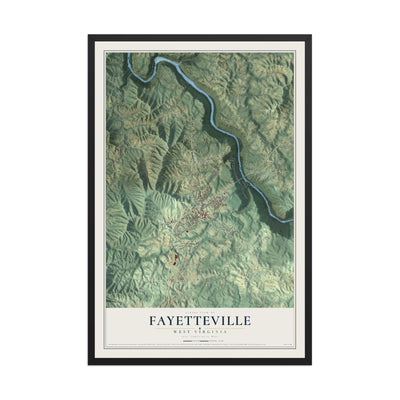 Map of Fayetteville, West Virginia, 12 x 18 inch print in a black wood frame