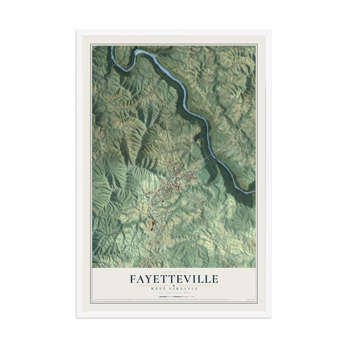 Map of Fayetteville, West Virginia, 12 x 18 inch print in a white wood frame