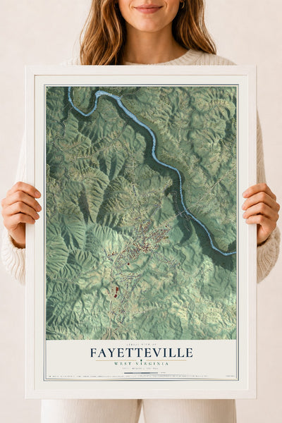 Map of Fayetteville, West Virginia, 18 x 24 inch print in a white wood frame